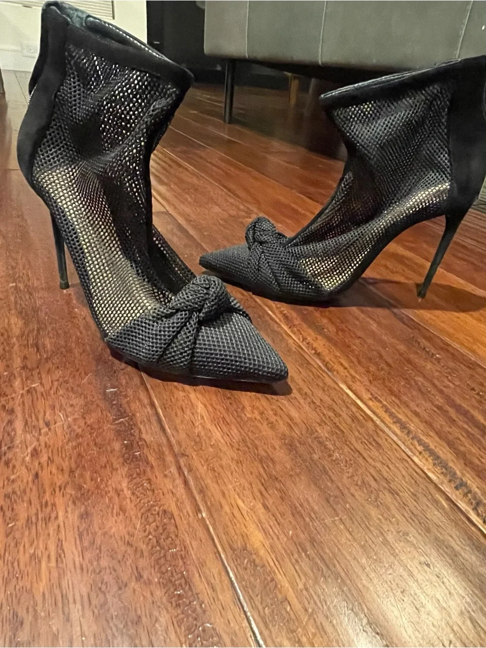 SCHUTZ Black Mesh Knot Pointed Toe Booties
